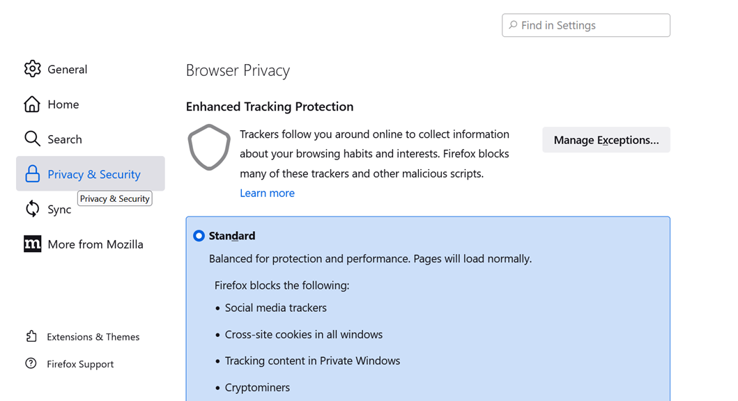Firefox privacy and security screen in settings